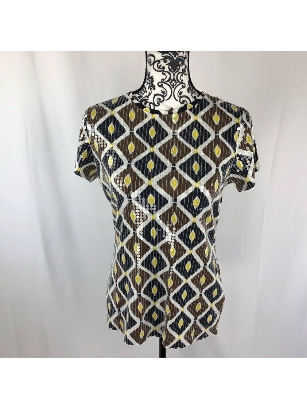 Tory Burch Geometric Sequin Shift Crewneck Top Brown Yellow S